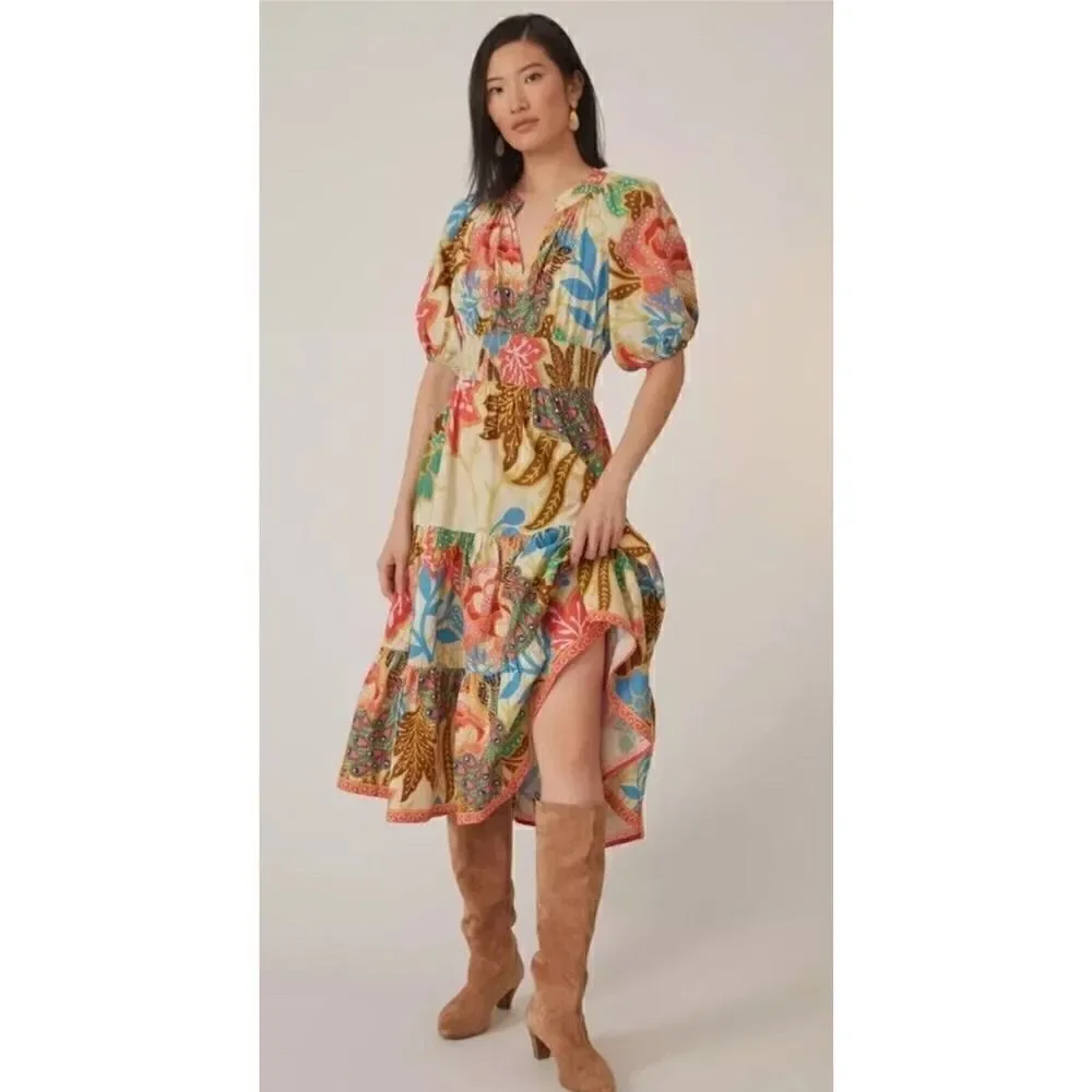 Anthropologie x Conditions Apply Puff-Sleeved Midi Dress Multicolour sz 6 US